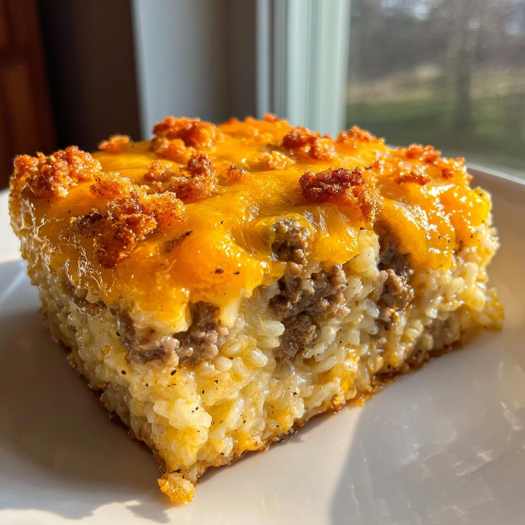 A square serving of Cheesy Hamburger Rice Casserole featuring rice, ground beef, and a thick layer of melted cheddar cheese.