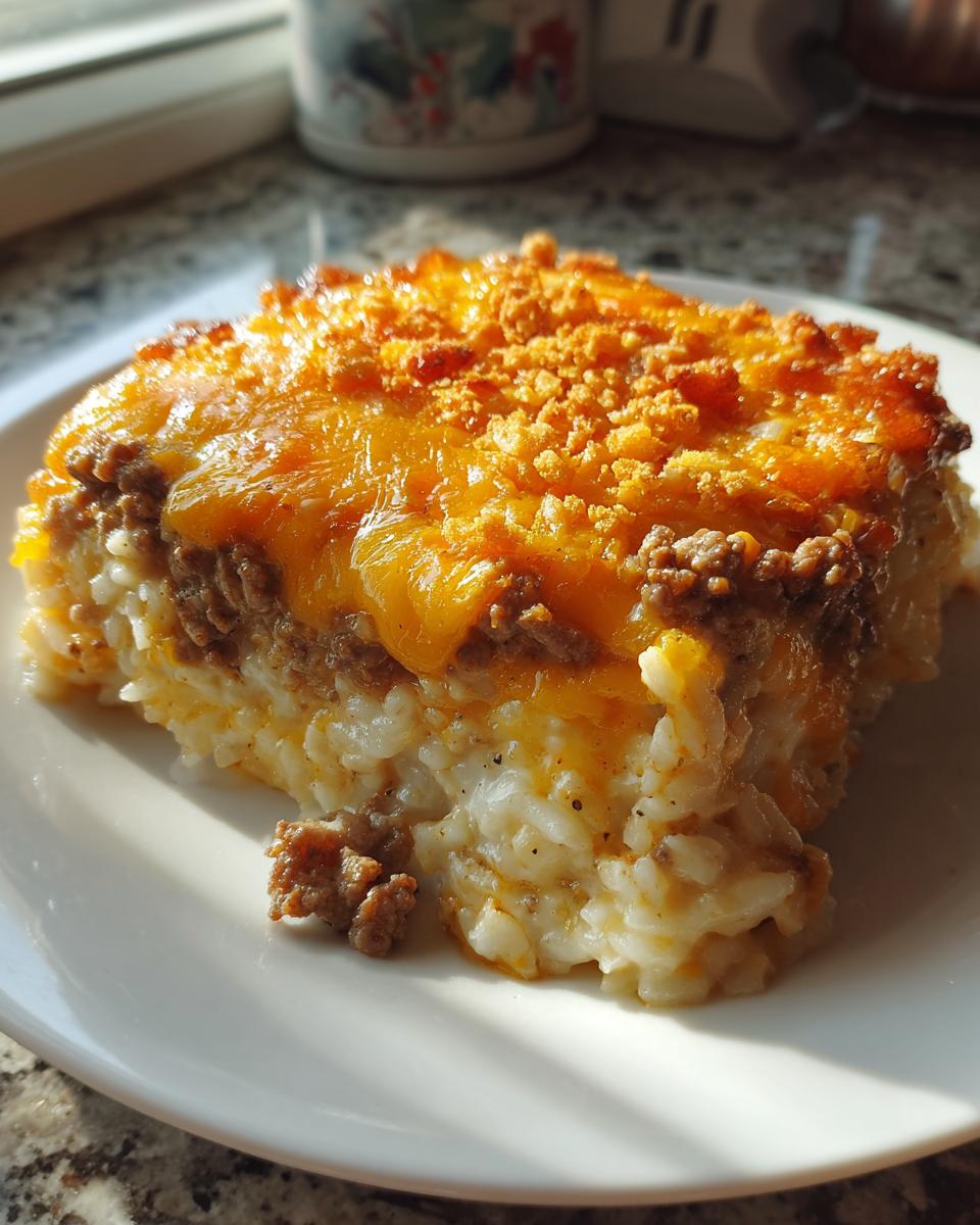 A close-up slice of Cheesy Hamburger Rice Casserole with melted cheddar and a crunchy topping.