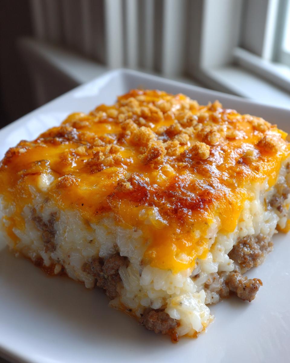 A square serving of Cheesy Hamburger Rice Casserole topped with melted cheddar and crunchy breadcrumbs.