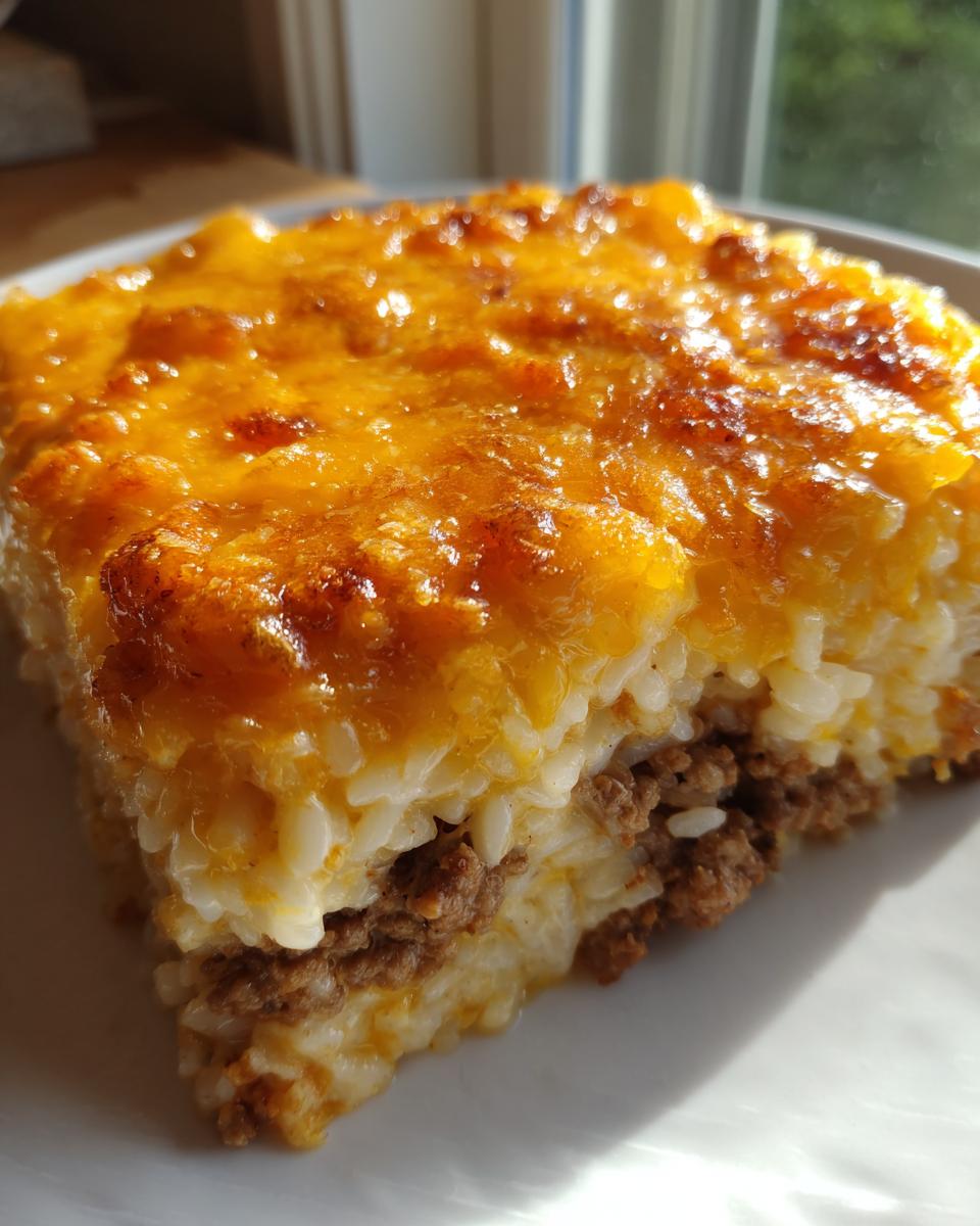 Close-up of a serving of Cheesy Hamburger Rice Casserole showing layers of ground beef, rice, and a melted, browned cheese topping.
