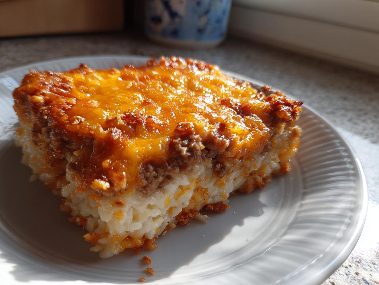 A close-up serving of Cheesy Hamburger Rice Casserole showing a layer of white rice topped with ground beef and melted, browned cheddar cheese.