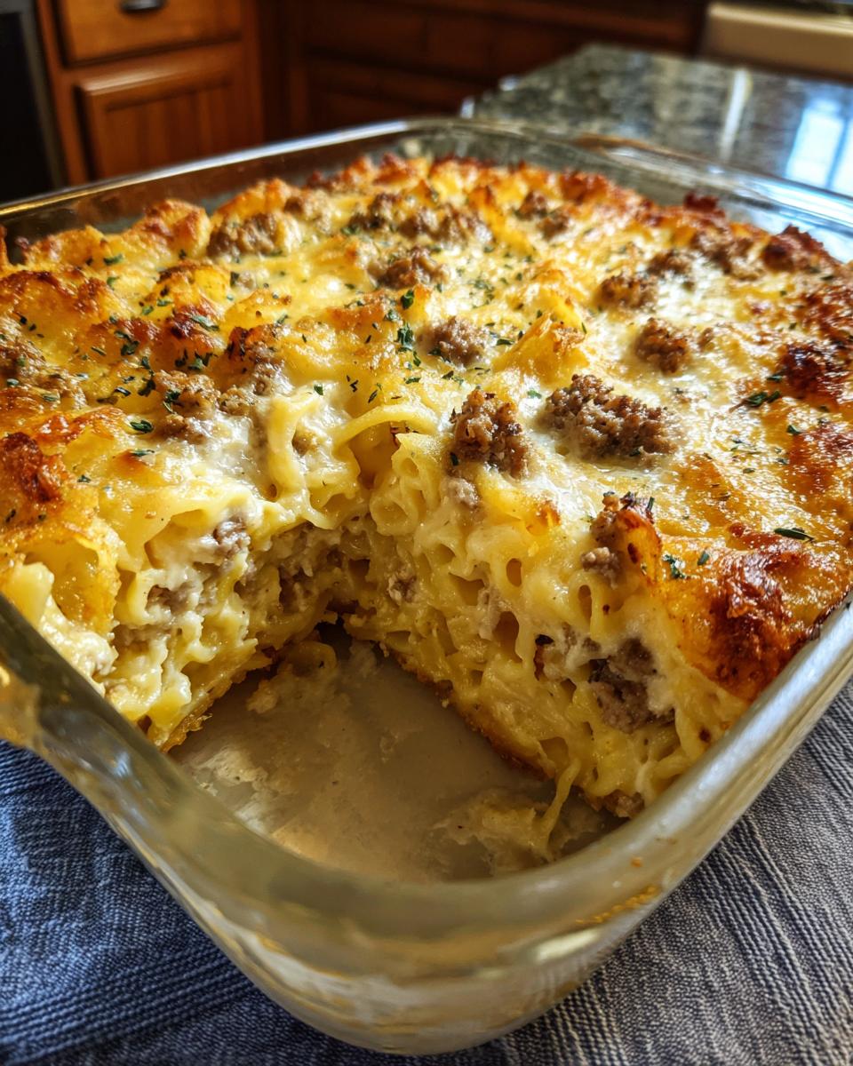 Close-up of a baked pasta casserole with sausage and melted cheese, a serving has been removed.
