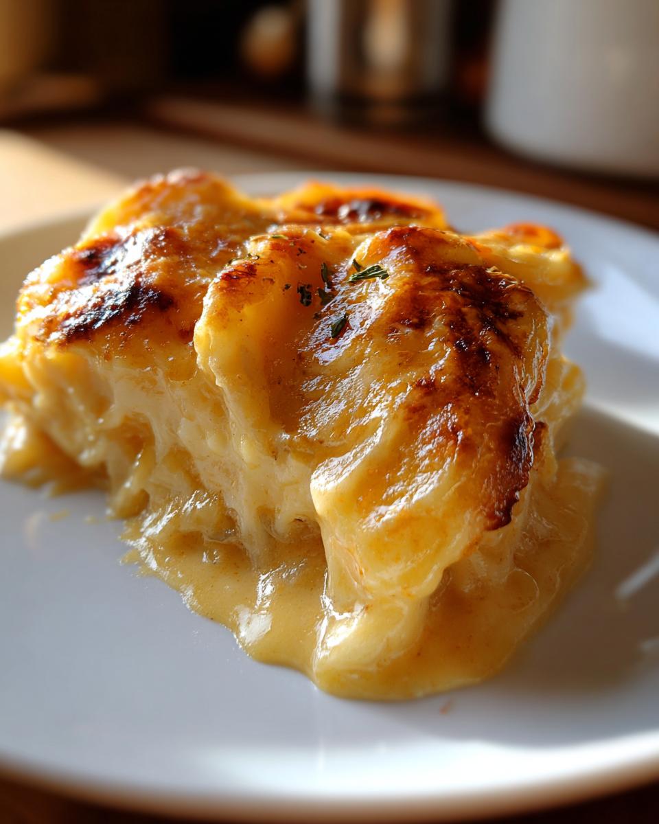 A close-up of a serving of rich, creamy Cheesy Scalloped Potatoes with a beautifully browned and bubbly cheese crust.
