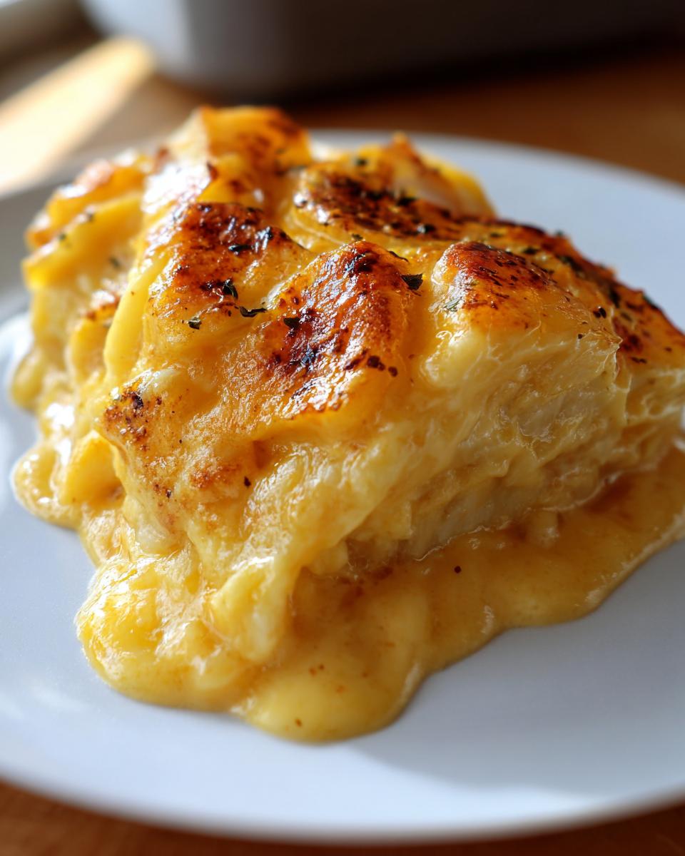 A close-up serving of Cheesy Scalloped Potatoes showing layers of creamy sauce and a beautifully browned, cheesy top.