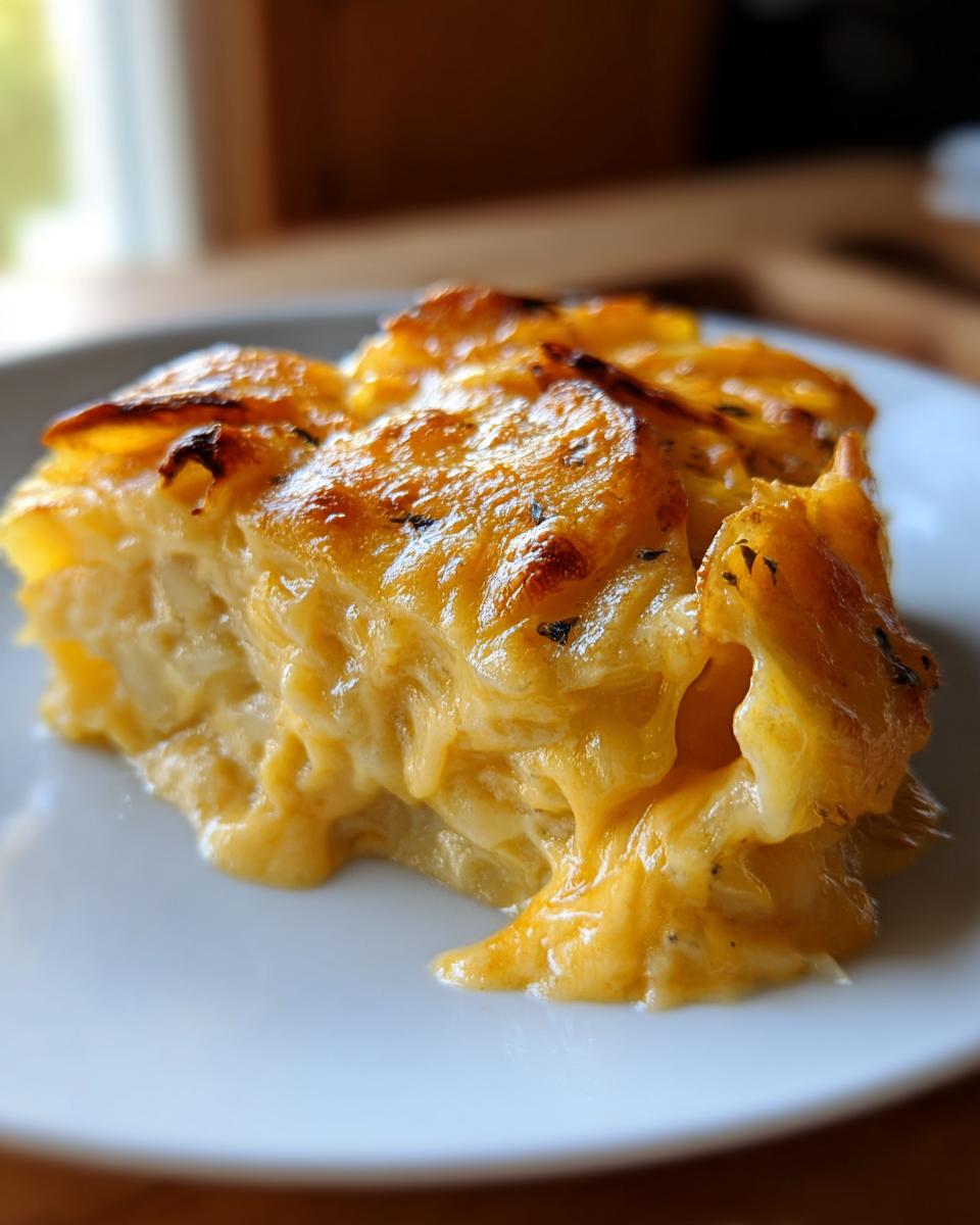 A close-up of a rich, cheesy scalloped potatoes serving with a golden-brown, bubbly top.