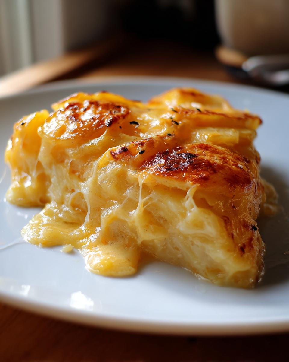A close-up shot of a gooey, cheesy scalloped potatoes slice with a golden-brown, baked top.