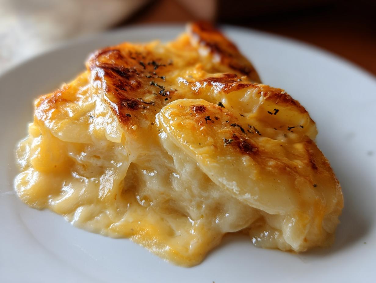 Close-up of a serving of Cheesy Scalloped Potatoes, featuring creamy layers and a golden-brown, bubbly cheese crust.