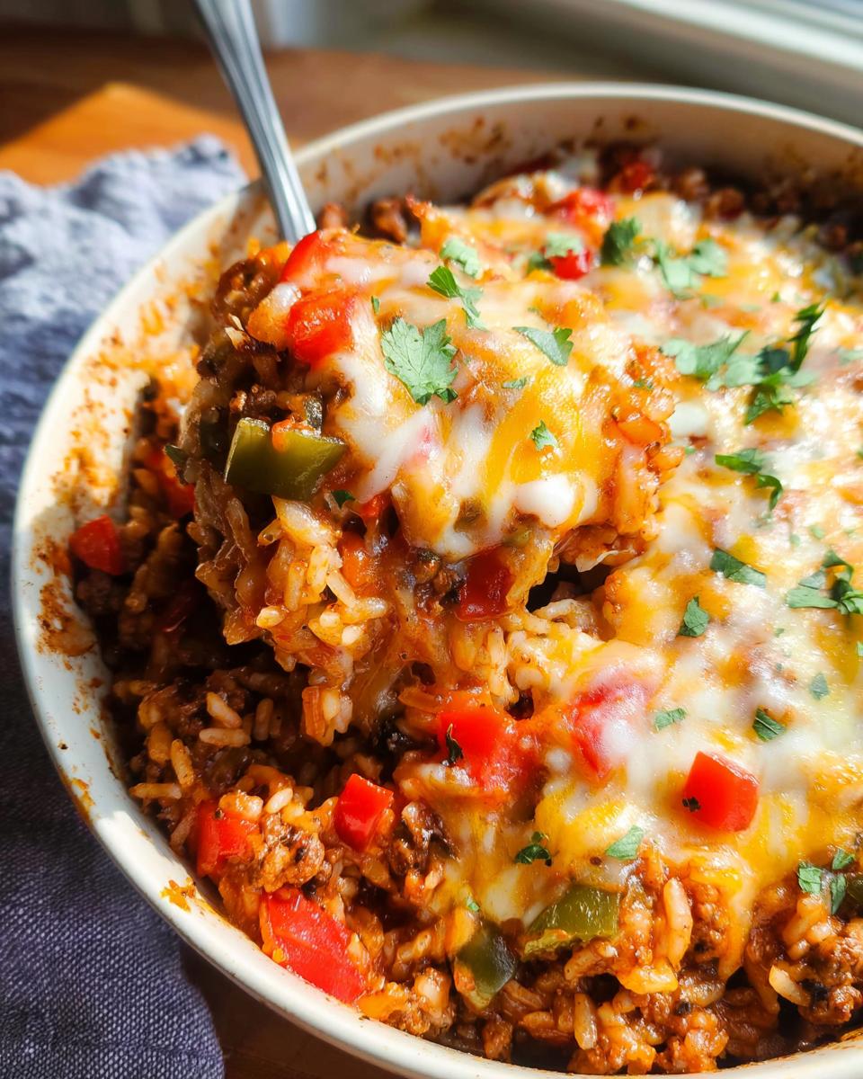 A spoonful of cheesy Stuffed Pepper Casserole lifted from a white baking dish, showing ground meat, rice, and melted cheese.