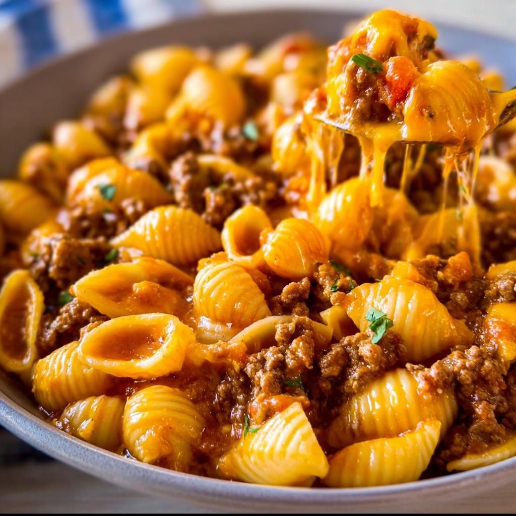 Close-up of Cheesy Taco Pasta with shell pasta, seasoned ground beef, and melted cheese stretching from a spoonful.