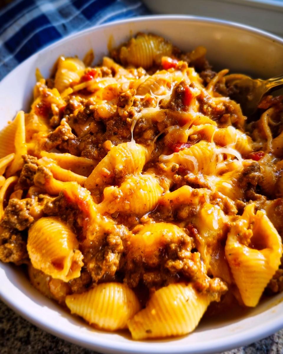 A close-up shot of a bowl filled with creamy Cheesy Taco Pasta featuring shell pasta, seasoned ground meat, and melted cheese.