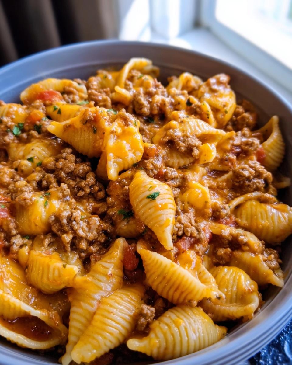 A close-up view of Cheesy Taco Pasta made with shell pasta, seasoned ground beef, and a rich cheese sauce.