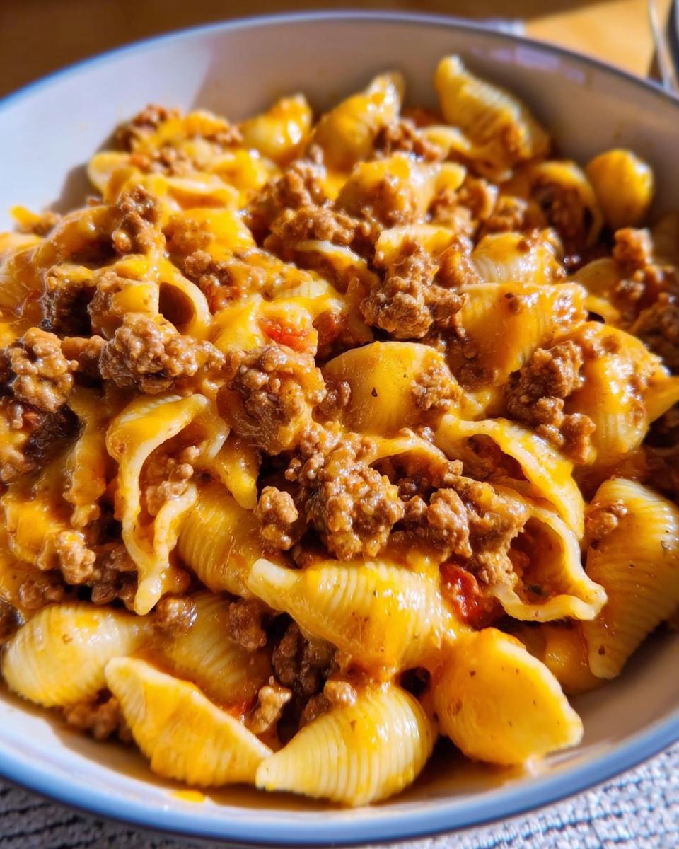 A close-up view of a bowl filled with Cheesy Taco Pasta, featuring shell pasta mixed with seasoned ground beef and melted orange cheese.