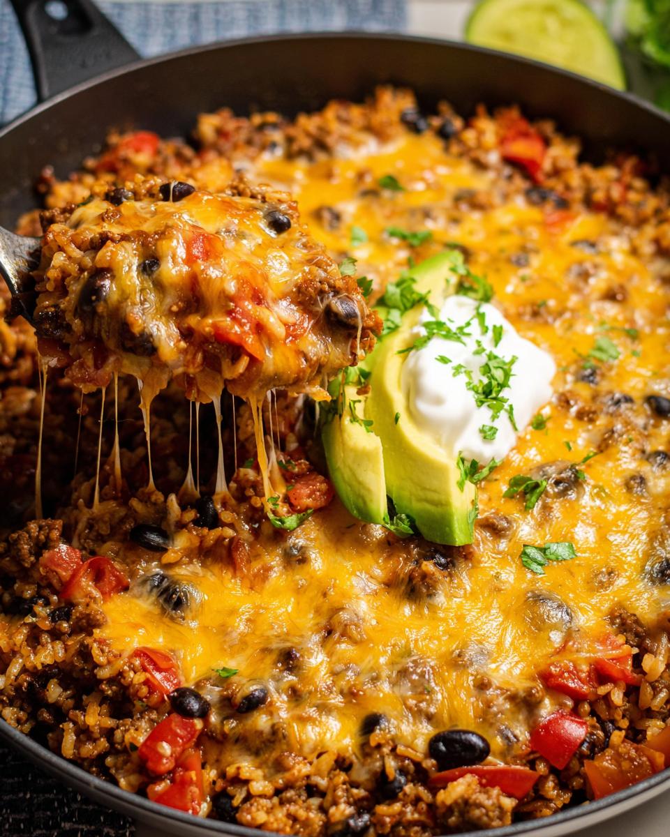 A spoonful of cheesy Taco Skillet being lifted, showing melted cheese stretching, topped with sour cream and avocado.