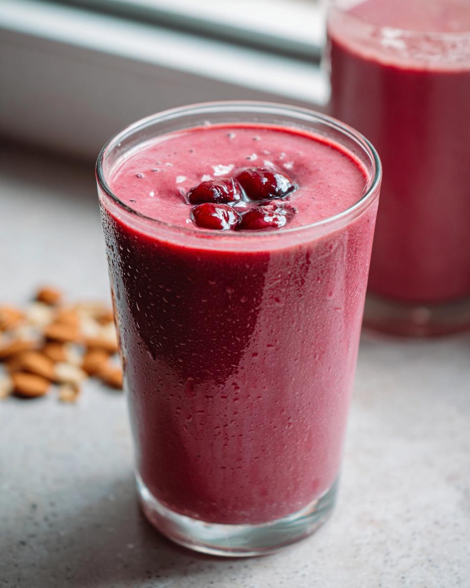 A tall, cold glass of vibrant Cherry Almond Smoothie topped with whole cherries, condensation visible on the glass.