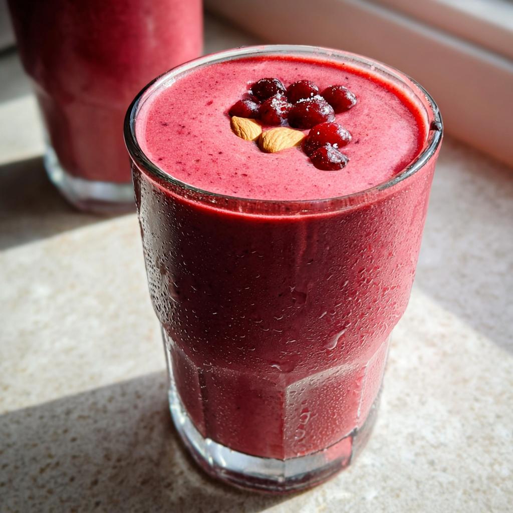 Close-up of a frosty glass filled with a vibrant Cherry Almond Smoothie, topped with cherries and almonds.
