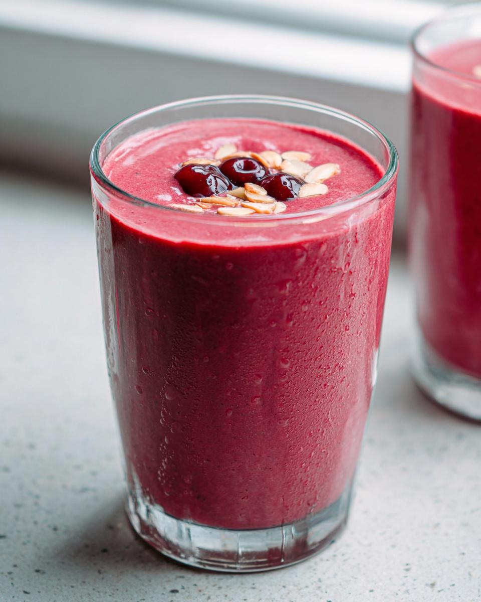 Close-up of a vibrant, deep pink Cherry Almond Smoothie topped with sliced almonds and cherries.
