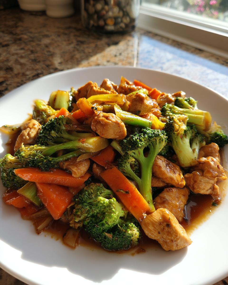 Plate of chicken and vegetable stir-fry with broccoli and carrots, a perfect example of Quick Dinner Ideas.