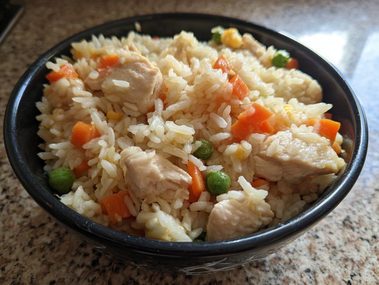 A bowl of chicken fried rice with peas and carrots, perfect for easy weeknight dinners.