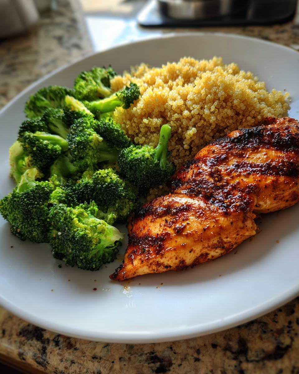 Plate featuring seasoned grilled chicken breast, fluffy quinoa, and bright green steamed broccoli, ideal for a 5-Day Clean Eating Meal Plan.