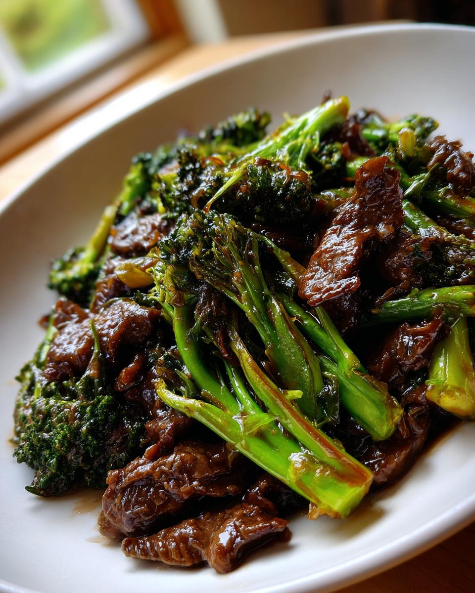 Close-up of tender slices of beef coated in dark sauce mixed with bright green broccoli florets in Chinese Beef and Broccoli.