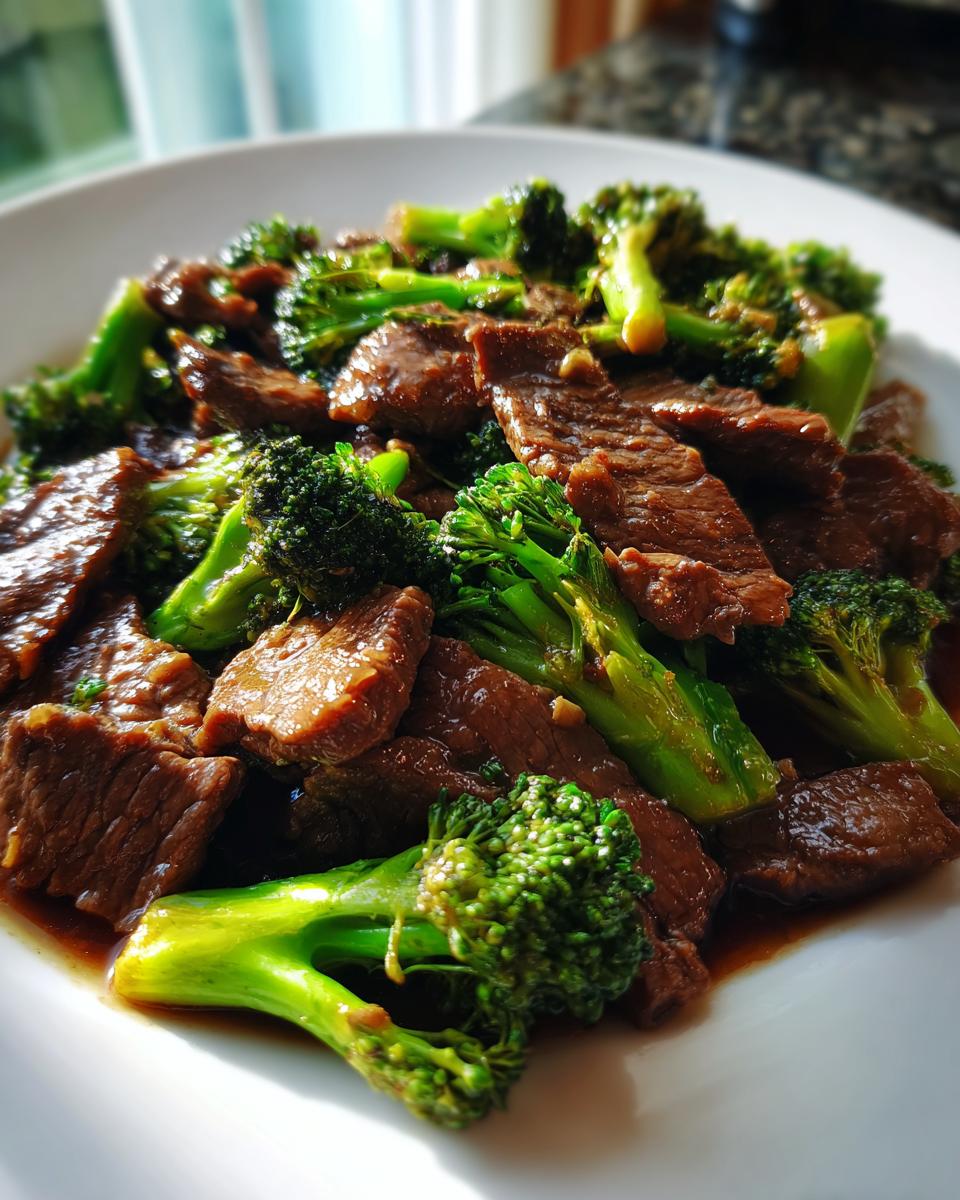 Close-up of tender slices of beef coated in savory sauce mixed with bright green broccoli florets in Chinese Beef and Broccoli.