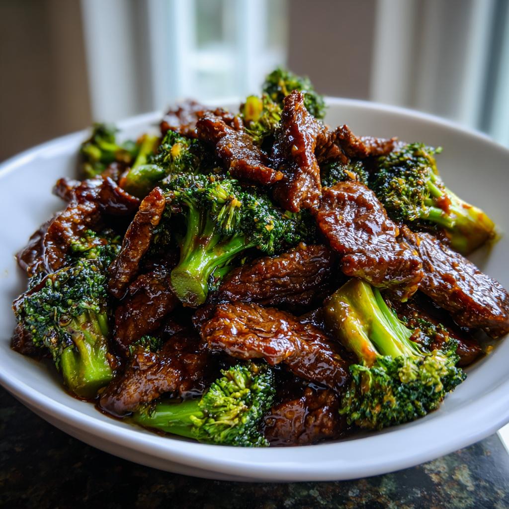 Close-up of glossy, saucy Chinese Beef and Broccoli served in a white bowl.