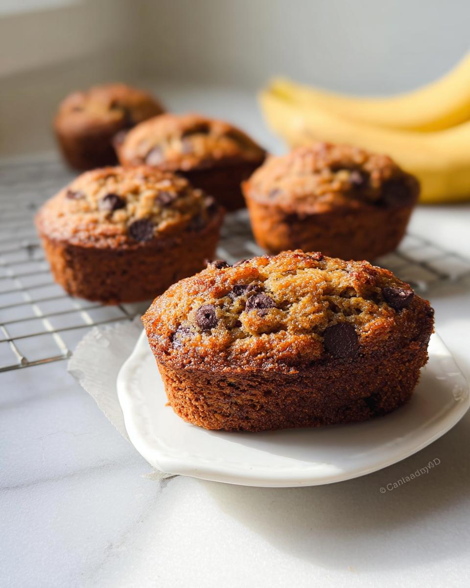 A close-up of a freshly baked chocolate chip Banana Bread Minis sitting on a small white plate, with more minis cooling in the background.