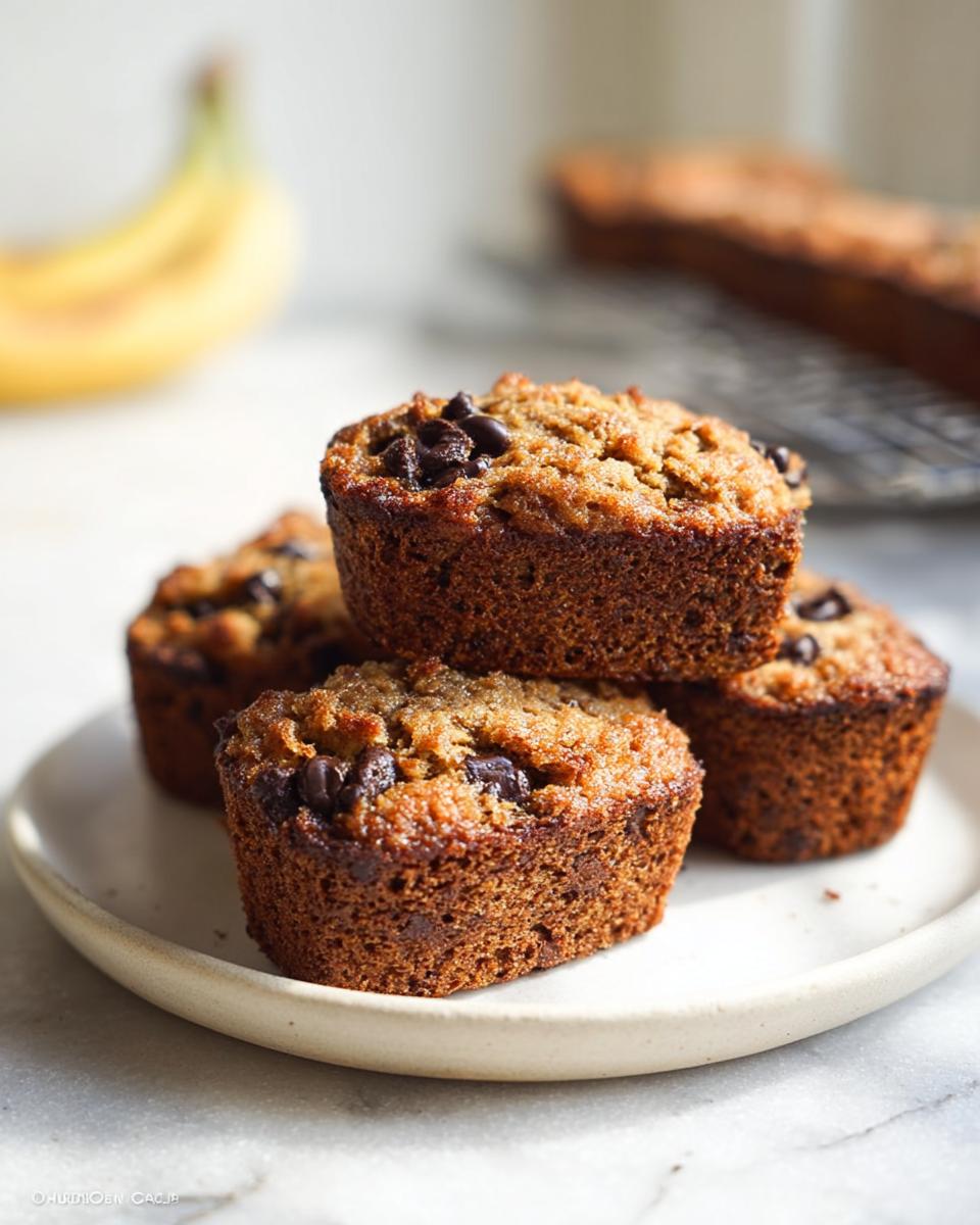 A stack of four moist Banana Bread Minis topped with melted chocolate chips on a light plate.