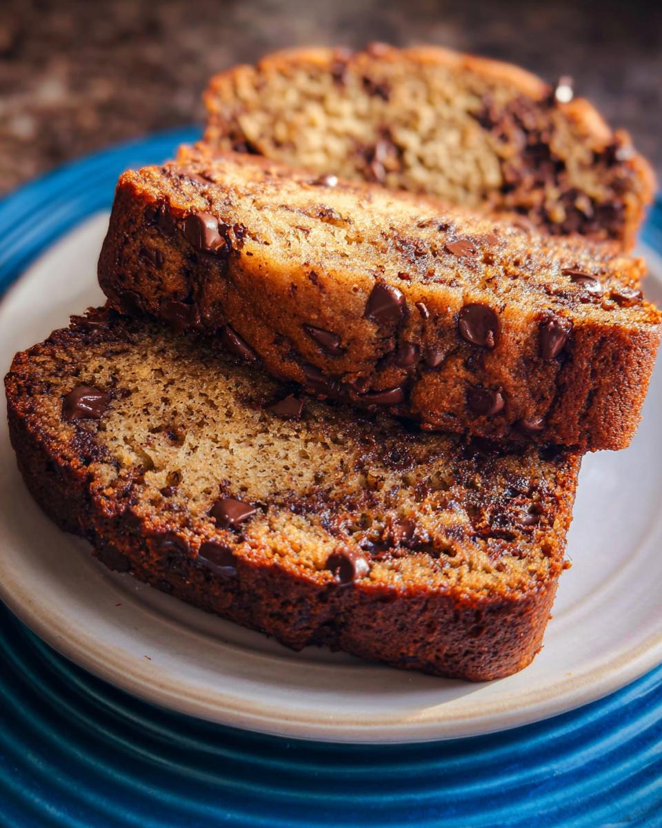 Three stacked slices of moist Chocolate Chip Banana Bread showing melted chocolate chips and a golden-brown crust.