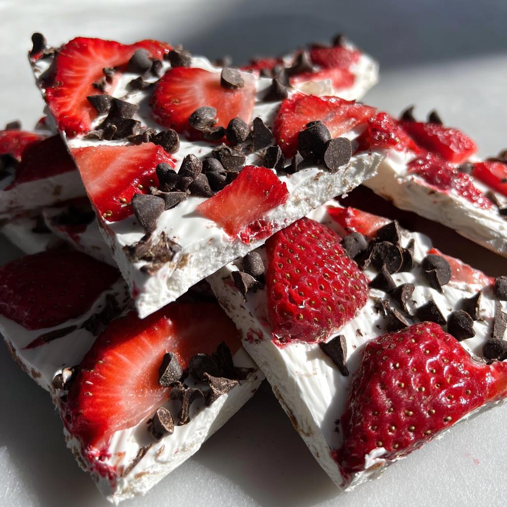 Close-up of stacked, broken pieces of Chocolate-Covered Strawberry Yogurt Bark topped with fresh strawberries and mini chocolate chips.