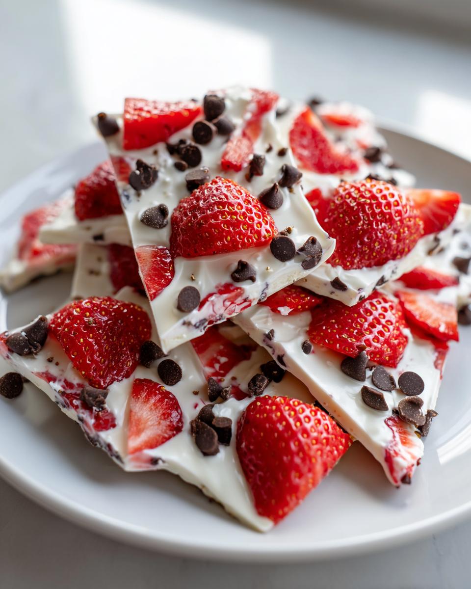 A stack of broken pieces of Chocolate-Covered Strawberry Yogurt Bark topped with fresh strawberries and mini chocolate chips.