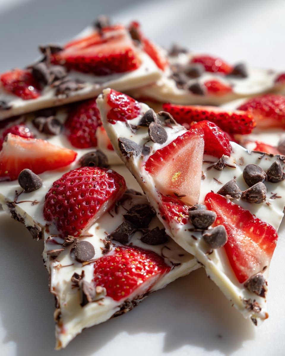 Close-up of broken pieces of Chocolate-Covered Strawberry Yogurt Bark topped with fresh strawberries and chocolate chips.