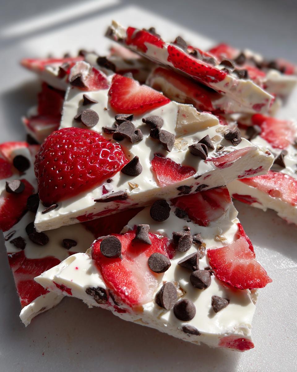 Close-up of broken pieces of Chocolate-Covered Strawberry Yogurt Bark topped with fresh strawberries and chocolate chips.