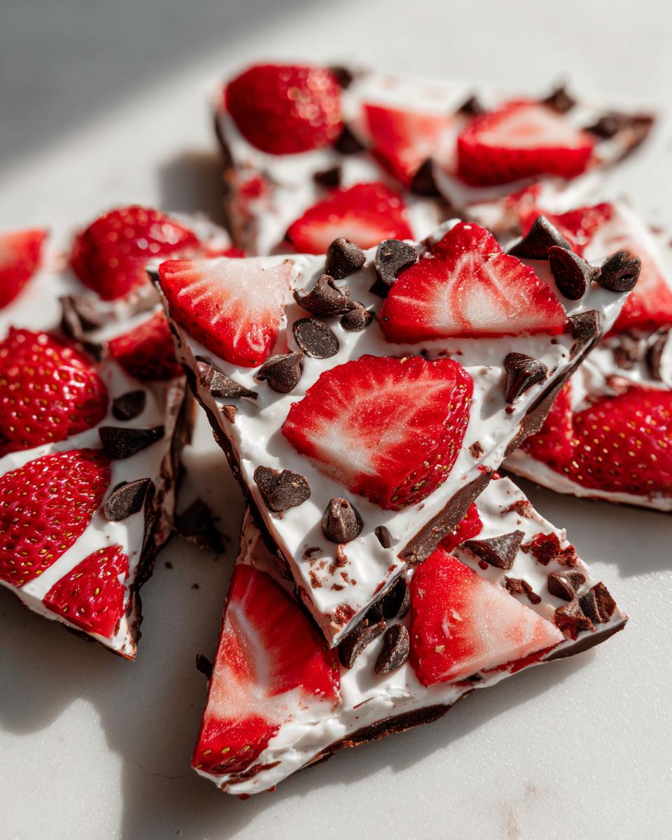 Close-up of broken pieces of Chocolate-Covered Strawberry Yogurt Bark topped with fresh strawberries and chocolate chips.