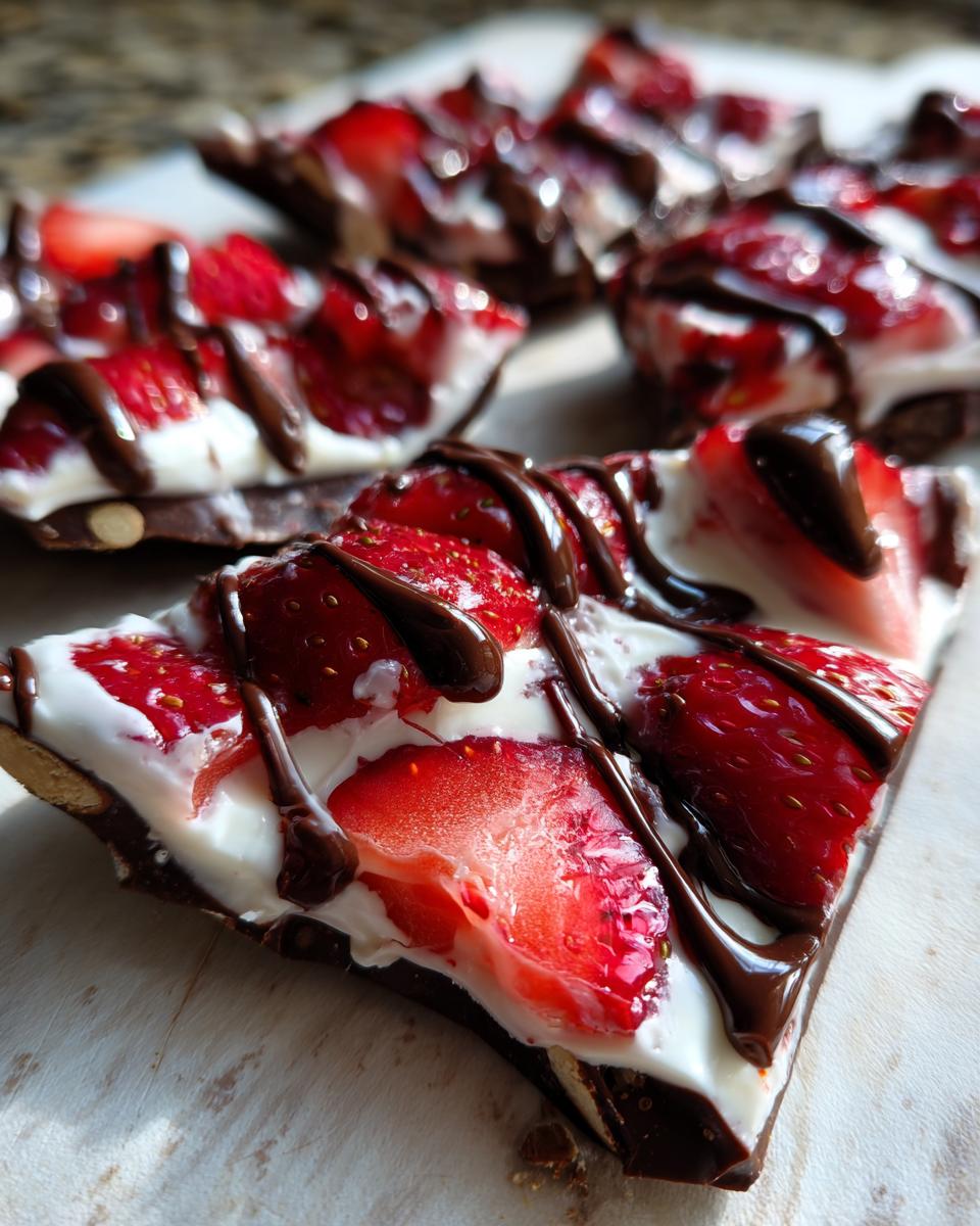 Close-up of broken pieces of Chocolate-Covered Strawberry Yogurt Bark topped with fresh strawberries and chocolate drizzle.