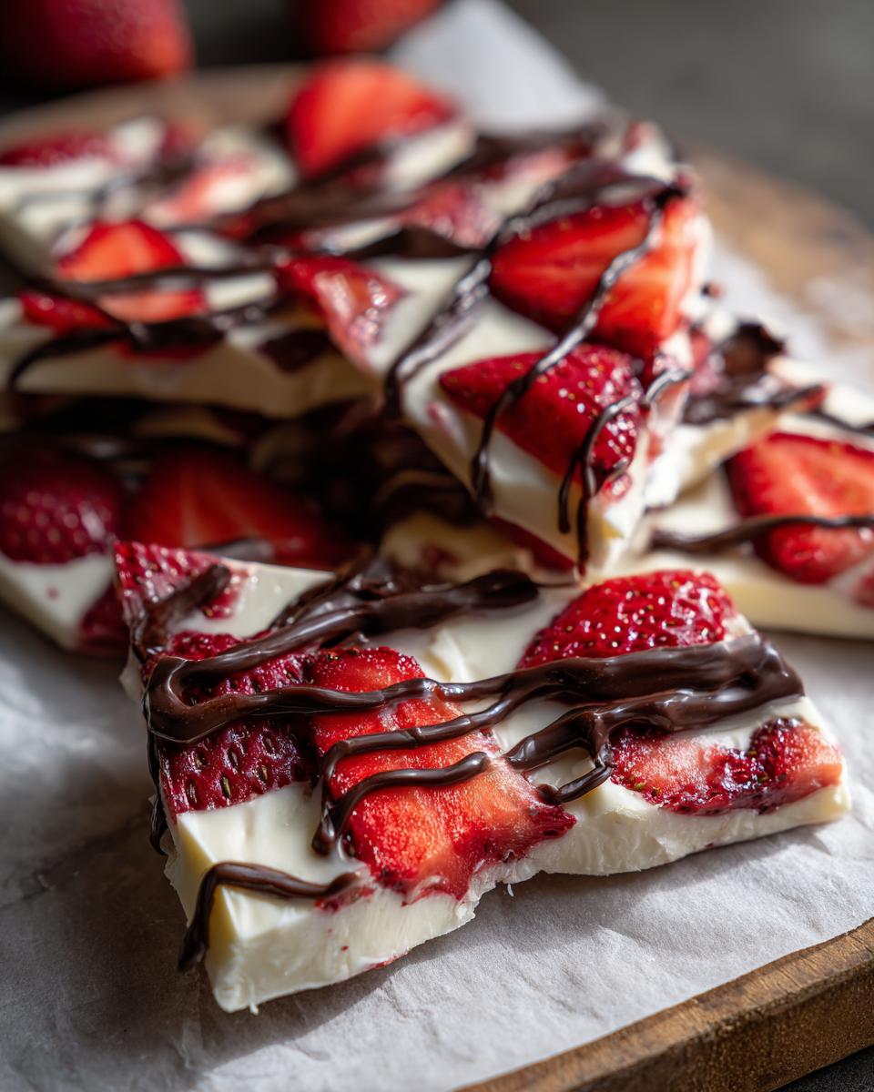 A stack of broken pieces of Chocolate-Covered Strawberry Yogurt Bark, topped with fresh strawberries and chocolate drizzle.