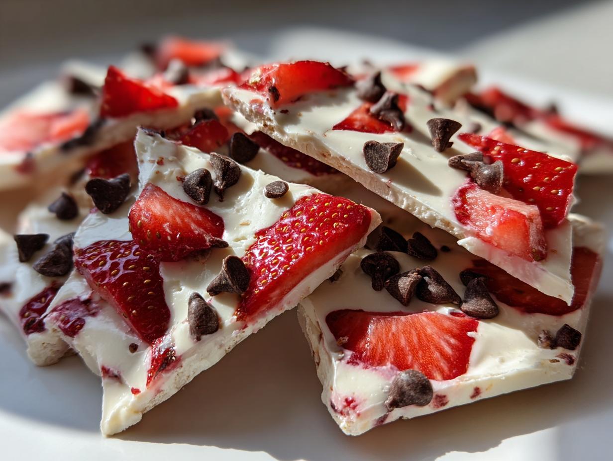 Close-up of broken pieces of Chocolate-Covered Strawberry Yogurt Bark topped with fresh strawberries and chocolate chips.