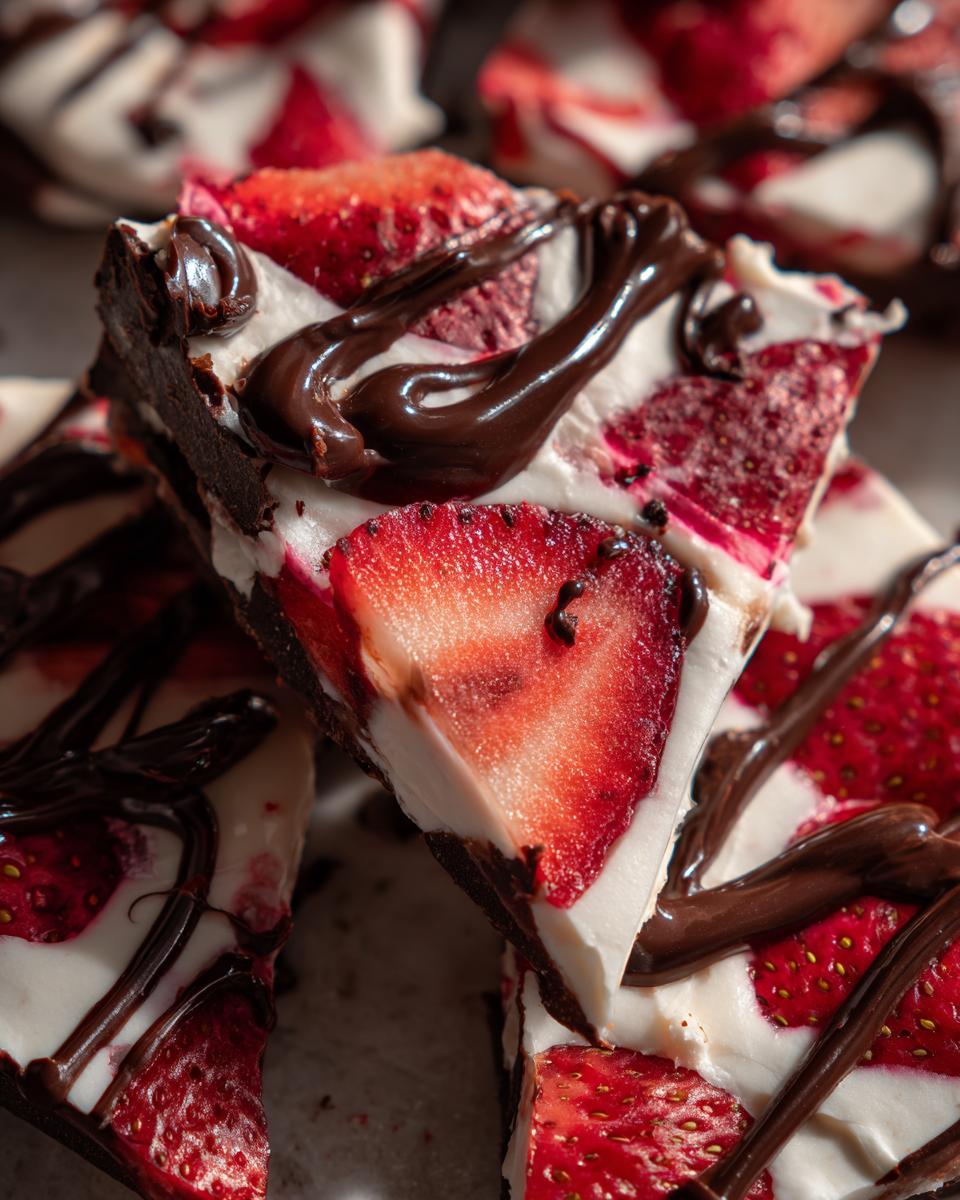 Close-up of a piece of Chocolate-Covered Strawberry Yogurt Bark with yogurt, sliced strawberries, and chocolate drizzle.