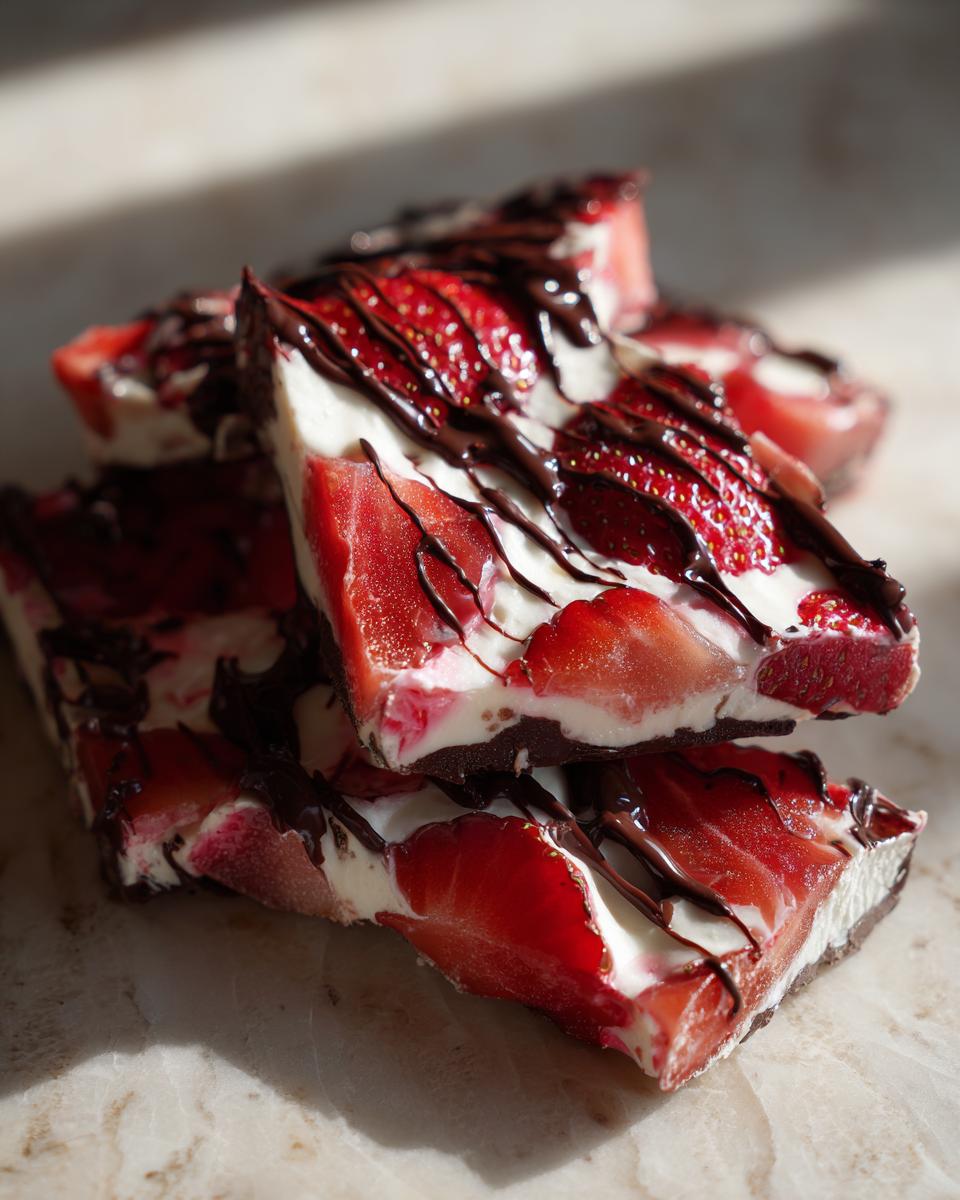 Stack of Chocolate-Covered Strawberry Yogurt Bark pieces topped with chocolate drizzle.
