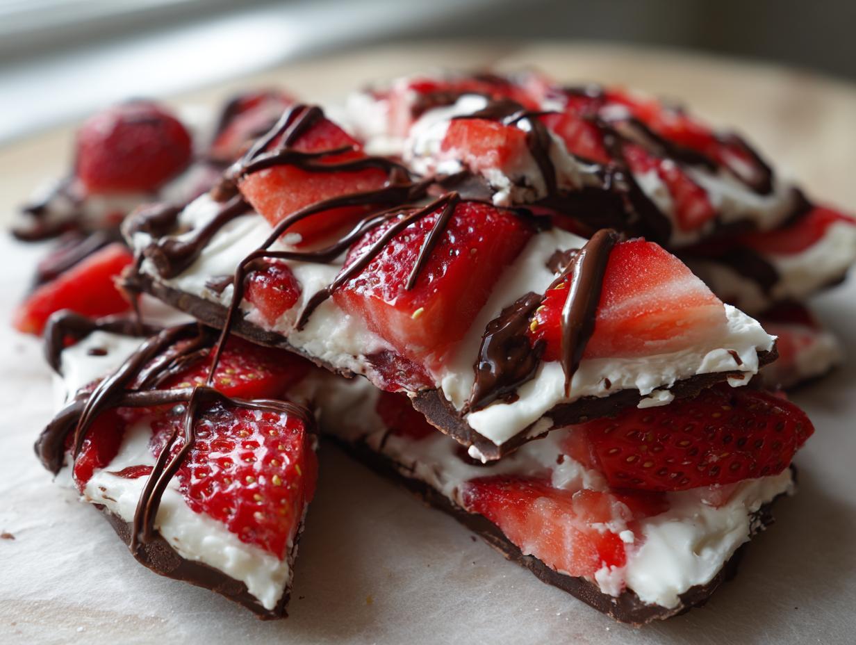Stack of broken pieces of Chocolate-Covered Strawberry Yogurt Bark topped with fresh strawberries and chocolate drizzle.