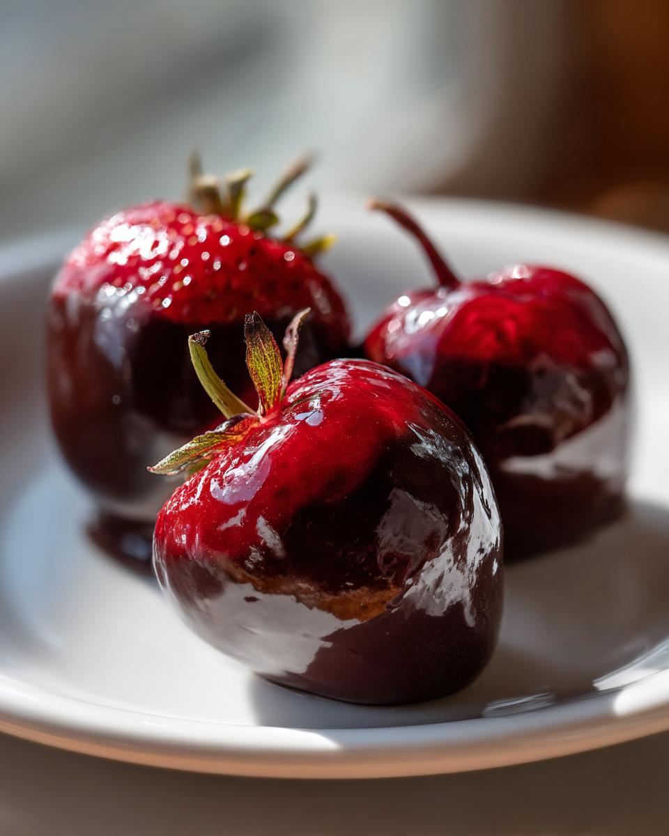 Three dark chocolate-dipped strawberries glistening on a white plate, perfect for Valentine’s Day Healthy Dessert Ideas.