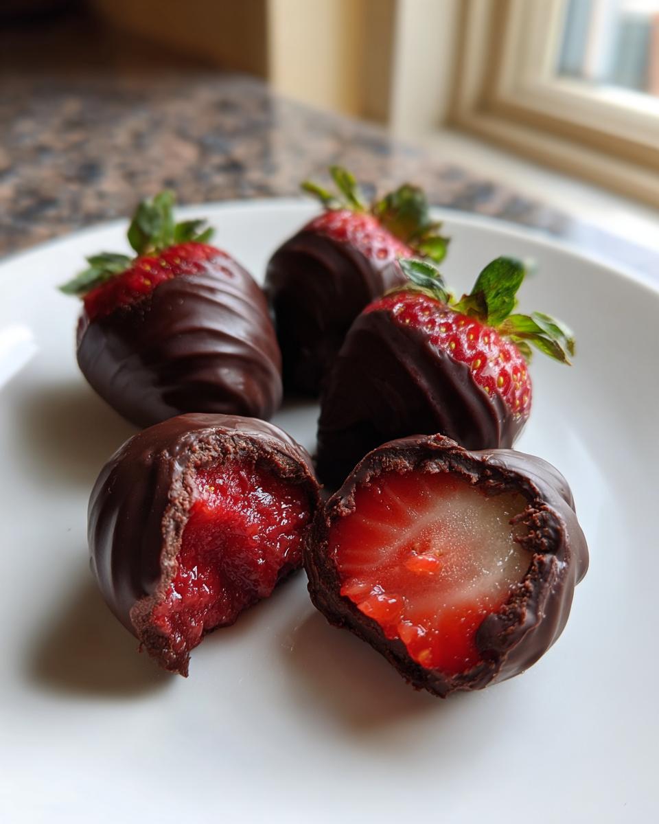 Five chocolate-dipped strawberries on a white plate, one cut open showing the fresh strawberry inside, perfect for Valentine’s Day Healthy Treats.