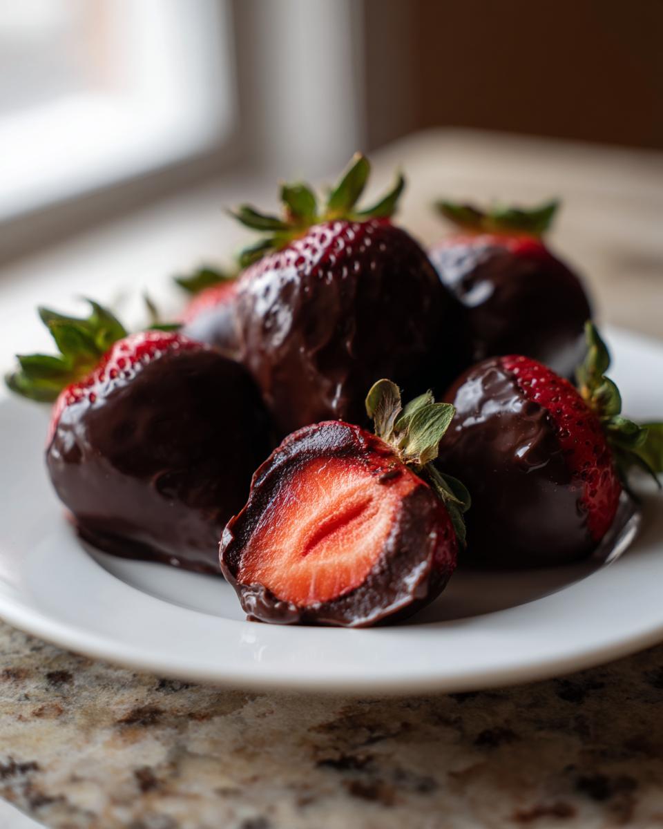 A plate of dark chocolate dipped strawberries, one sliced in half showing the bright red interior, perfect for Valentine’s Day Healthy Treats.