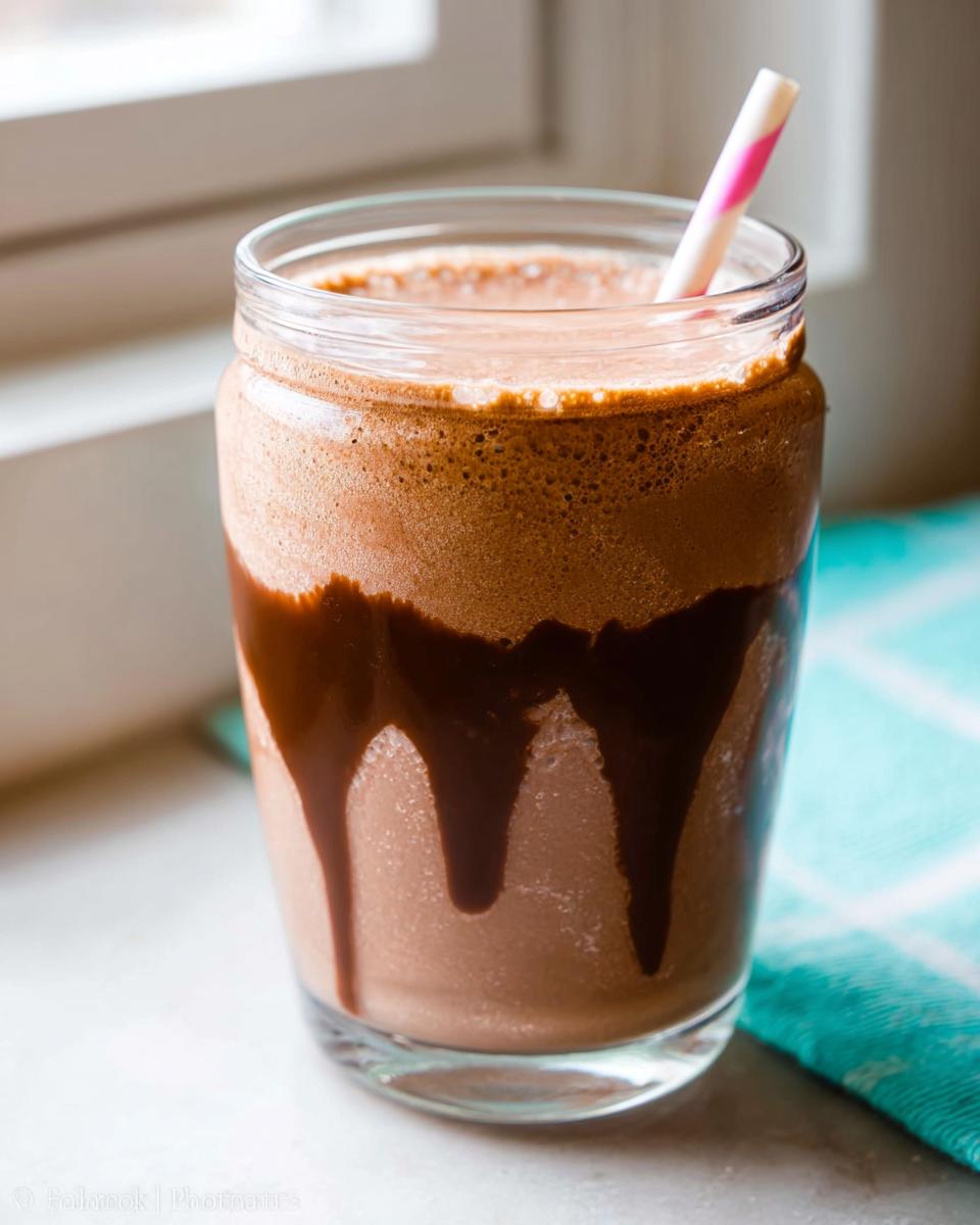 A thick Chocolate Peanut Butter Smoothie served in a glass jar with chocolate syrup dripping down the sides and a striped straw.