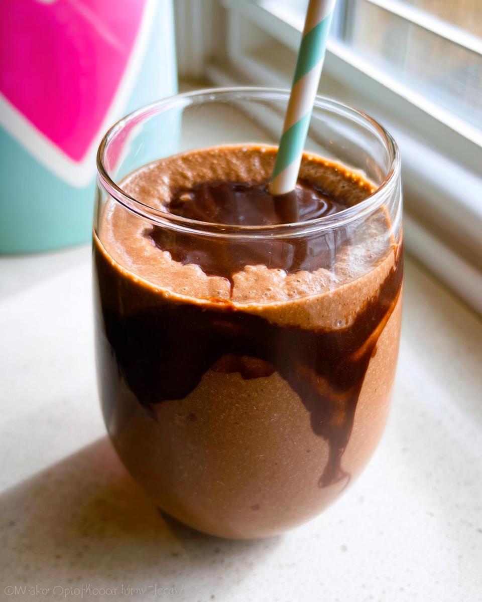 Close-up of a thick Chocolate Peanut Butter Smoothie topped with chocolate syrup drizzle and a striped straw.