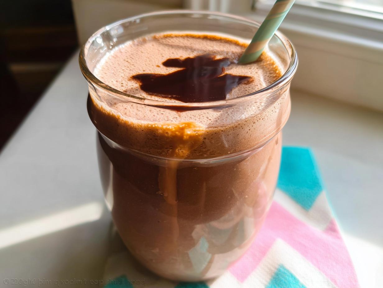 A close-up of a frothy Chocolate Peanut Butter Smoothie topped with chocolate syrup and a striped straw.