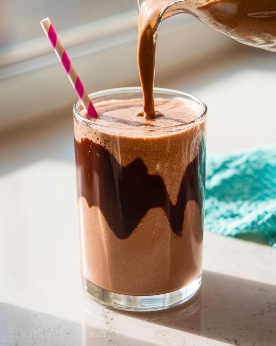 Pouring a thick, rich Chocolate Peanut Butter Smoothie into a glass with chocolate syrup streaks and a pink striped straw.