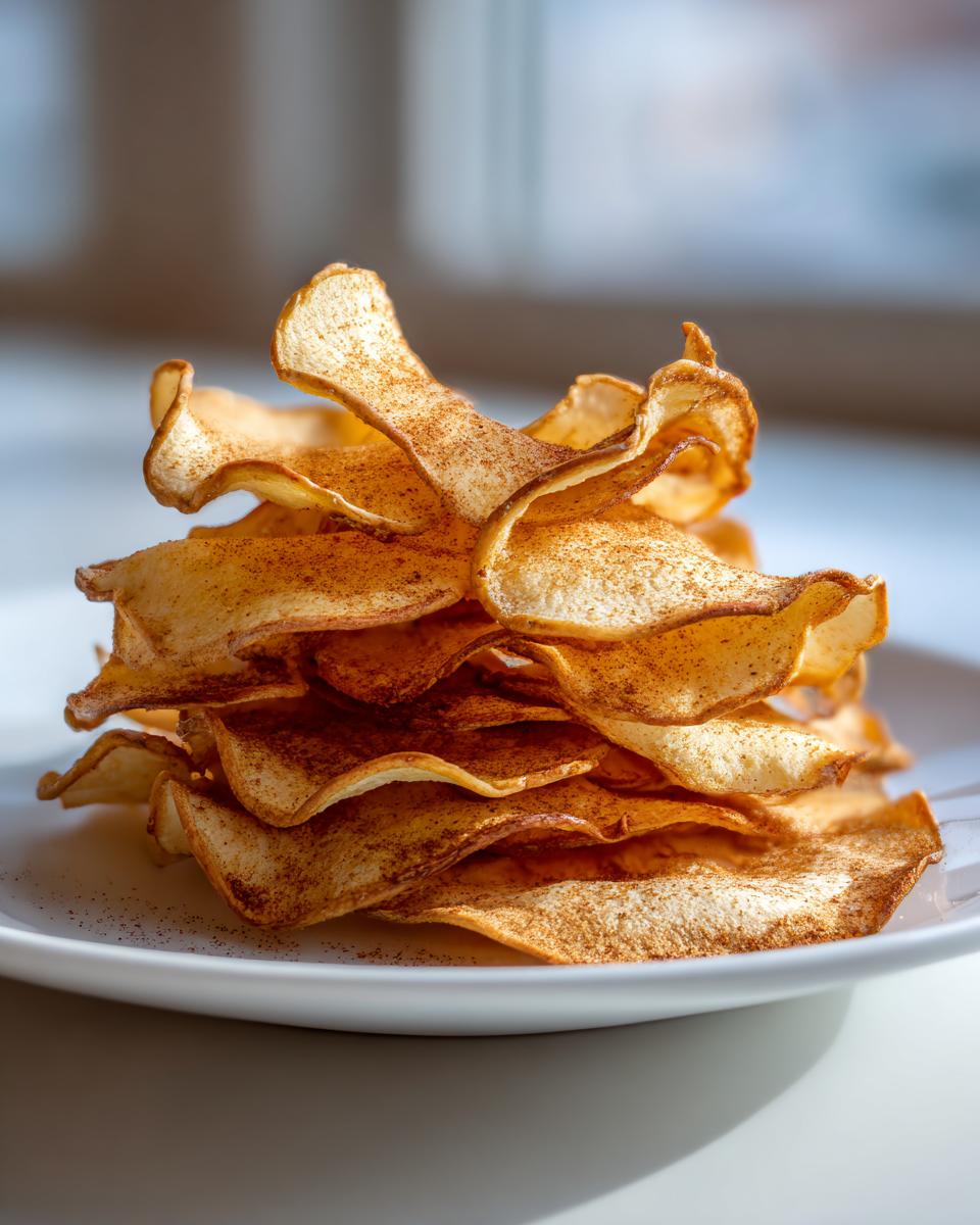 Stack of baked apple chips dusted with cinnamon, perfect for Low-Calorie Snacks for January.