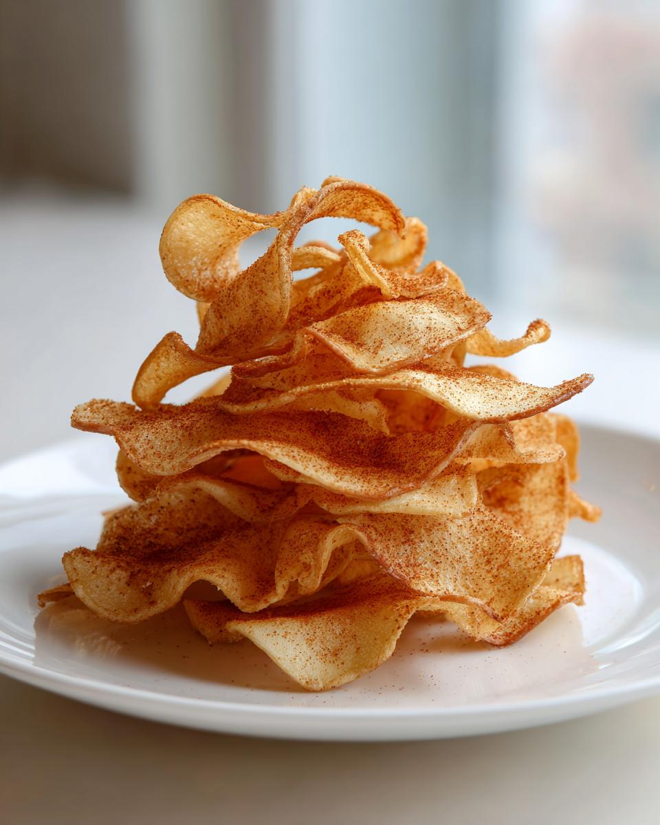 Stack of thin, crispy, cinnamon-dusted chips, perfect for low-calorie snacks for January.