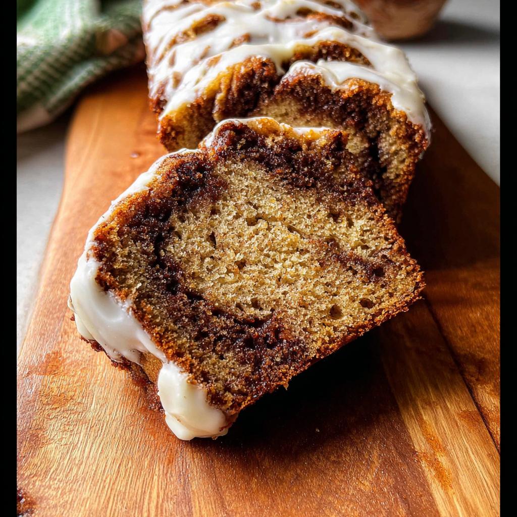 Close-up of a thick slice of Cinnamon Swirl Banana Bread showing the dark cinnamon swirl and white cream cheese frosting.